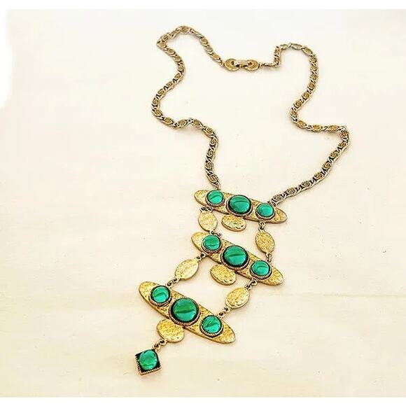 Vintage Hollycraft Egyptian Green and Gold Statement Necklace - Picture 1 of 4